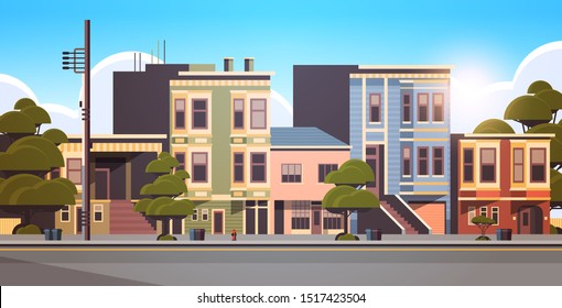 city building houses exterior modern town street in summer season sunset cityscape background horizontal flat