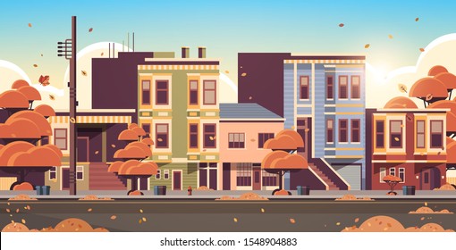 city building houses exterior modern town street in autumn sunset cityscape background horizontal flat vector illustration