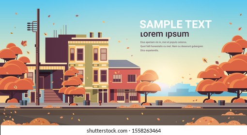 city building houses exterior modern town street in autumn sunset cityscape background horizontal flat copy space vector illustration