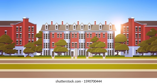 city building houses exterior modern town street sunset cityscape background horizontal flat vector illustration