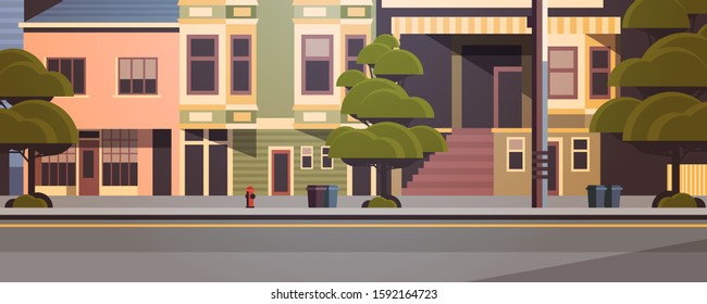 city building houses exterior modern town street in summer season sunset cityscape background horizontal closeup flat vector illustration