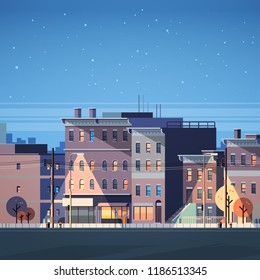 city building houses night view skyline background real estate cute town concept flat vector illustration