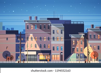 city building houses night view skyline background real estate cute town concept horizontal flat vector illustration