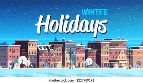 city building houses night winter street cityscape background merry christmas happy new year concept flat horizontal banner flat vector illustration