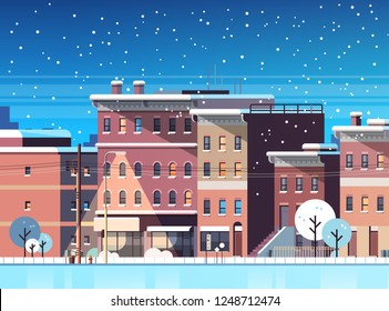 city building houses night winter street cityscape background merry christmas happy new year concept flat horizontal flat