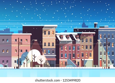 city building houses night winter street cityscape background merry christmas happy new year concept flat horizontal flat