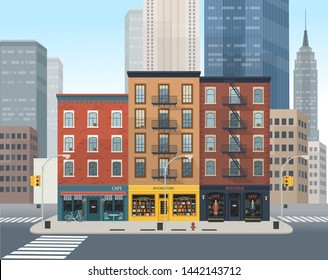 City building houses with shops: boutique, cafe, bookstore.Vector illustration in flat style.