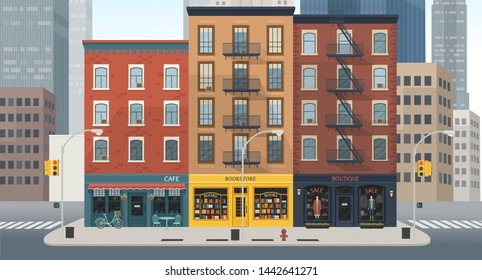 City building houses with shops: boutique, cafe, bookstore.Vector illustration in flat style.