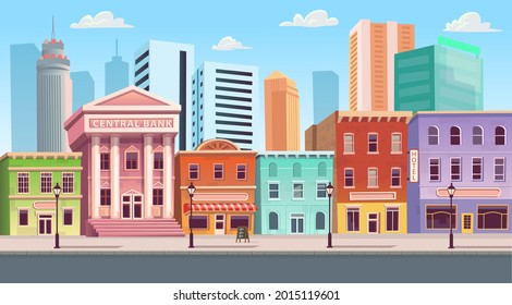 City building houses with shops, cafe, hotel, bank.Vector illustration in flat style. Background for games and mobile applications.