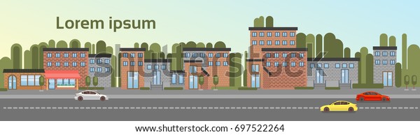 City Building Houses Town\
View With Car Road Background Skyline Copy Space Flat Vector\
Illustration
