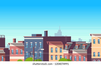 city building houses view cityscape background real estate cute town concept horizontal flat vector illustration