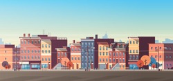 City Building Houses View Skyline Background Real Estate Cute Town Concept Horizontal Banner Flat Vector Illustration