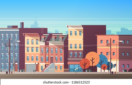 city building houses view skyline background real estate cute town concept horizontal flat vector illustration