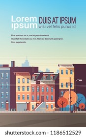 city building houses view skyline background real estate cute town concept vertical copy space flat vector illustration