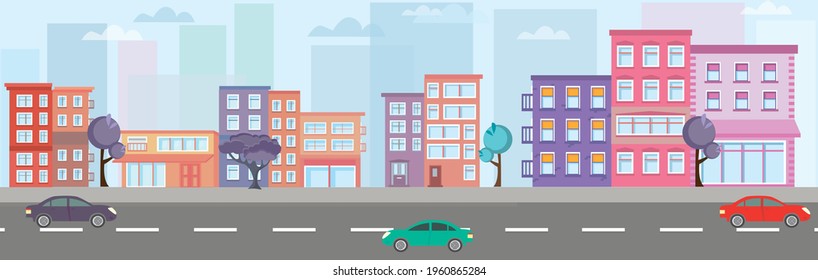 City building houses view skyline background real estate cute town concept horizontal banner flat vector illustration