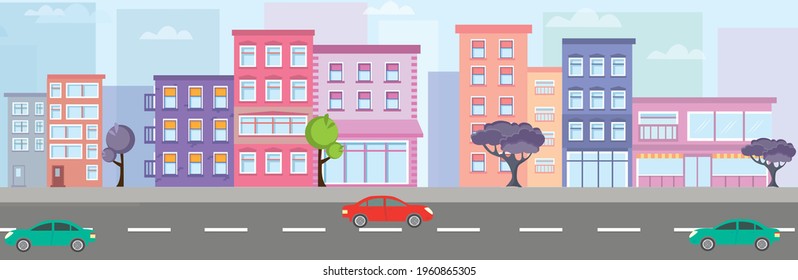 City building houses view skyline background real estate cute town concept horizontal banner flat vector illustration