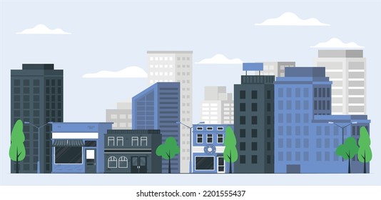 city building houses view skyline background real estate cute town concept horizontal banner. Urban landscape with high skyscrapers and subway. flat vector illustration