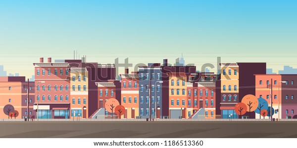 都市の建物の背景に風景を表示し かわいい町のコンセプト水平のバナー平面ベクターイラストを表示 のベクター画像素材 ロイヤリティフリー