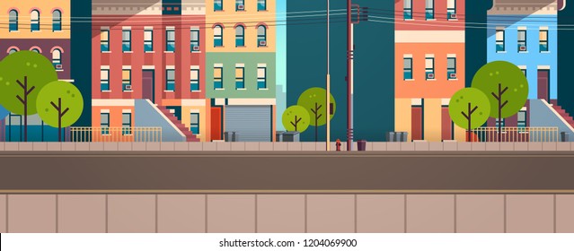 city building houses view summer street green trees real estate flat horizontal banner vector illustration