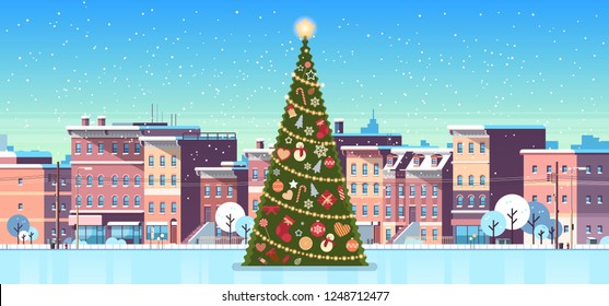 city building houses winter street with decorated pine tree merry christmas happy new year concept flat horizontal banner flat
