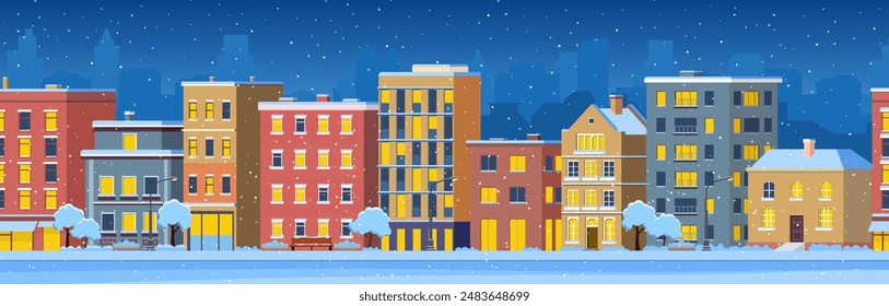 city building houses winter street cityscape in the night background. merry christmas happy new year concept horizontal banner. Vector illustration in flat style