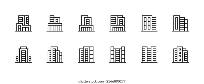 City building icon collection. Modern building, skyscrapers, city building, residence, cityscape, skyline and more. Editable stroke. Pixel Perfect. Grid base 32px.