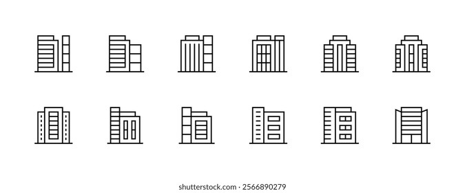 City building icon collection. Modern building, skyscrapers, city building, residence, cityscape, skyline and more. Editable stroke. Pixel Perfect. Grid base 32px.