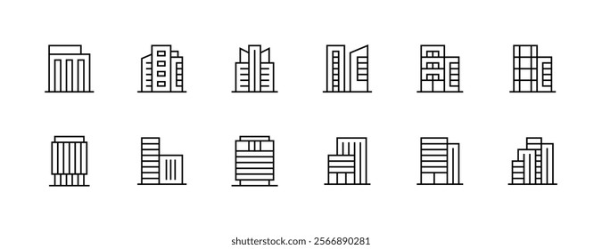 City building icon collection. Modern building, skyscrapers, city building, residence, cityscape, skyline and more. Editable stroke. Pixel Perfect. Grid base 32px.