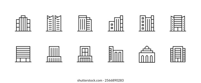 City building icon collection. Modern building, skyscrapers, city building, residence, cityscape, skyline and more. Editable stroke. Pixel Perfect. Grid base 32px.