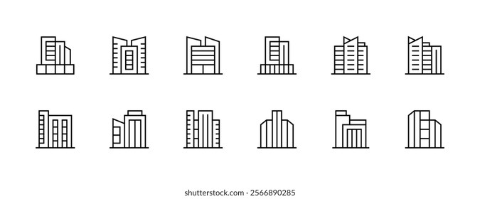 City building icon collection. Modern building, skyscrapers, city building, residence, cityscape, skyline and more. Editable stroke. Pixel Perfect. Grid base 32px.