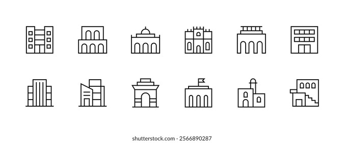 City building icon collection. Modern building, skyscrapers, city building, residence, cityscape, skyline and more. Editable stroke. Pixel Perfect. Grid base 32px.