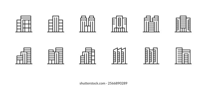 City building icon collection. Modern building, skyscrapers, city building, residence, cityscape, skyline and more. Editable stroke. Pixel Perfect. Grid base 32px.