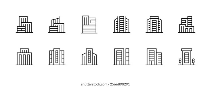 City building icon collection. Modern building, skyscrapers, city building, residence, cityscape, skyline and more. Editable stroke. Pixel Perfect. Grid base 32px.