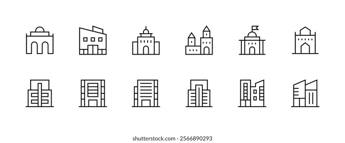 City building icon collection. Modern building, skyscrapers, city building, residence, cityscape, skyline and more. Editable stroke. Pixel Perfect. Grid base 32px.