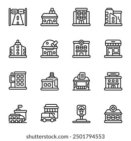 City Building icon set. Includes bus station, company, hotel, parking meter, factory, and More. Outline icons vector collection.