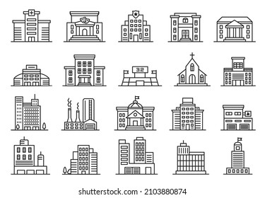 City building icon, stadium, cafe, government, hotel, bank, hospital. Office and apartment buildings, urban architecture line icon vector set. Historic theater and museum isolated on white