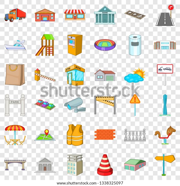 City building icons set. Cartoon\
style of 36 city building vector icons for web for any\
design