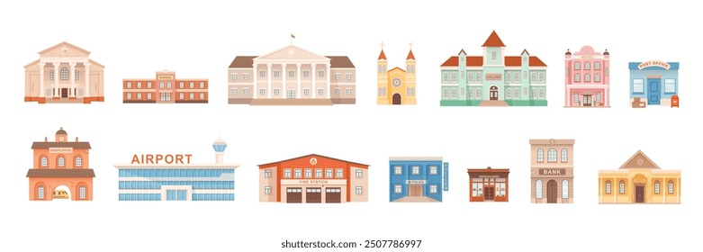 City building illustrations set. Exterior facades of university government school college hotel post office church theatre bank museum railway police library. Urban infrastructure infographics.