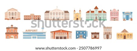 City building illustrations set. Exterior facades of university government school college hotel post office church theatre bank museum railway police library. Urban infrastructure infographics.