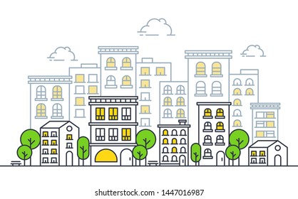 City building illustrations with thin line style. Vector Illustration