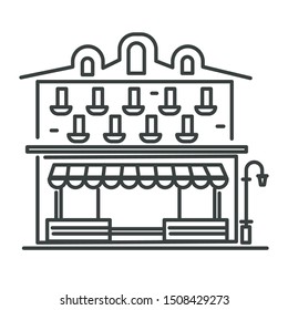 City building isolated linear icon, grocery store or mini-market on ground floor vector. Facade, town architecture, real estate, apartment or flat rent. Shop in residential multi-storey house