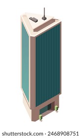 Icono isométrico del edificio de la ciudad. Arquitectura futurista de rascacielos urbanos, propiedad comercial o centro de negocios. Inmobiliaria moderna. Ilustración vectorial 3D de dibujos animados aislada sobre fondo blanco