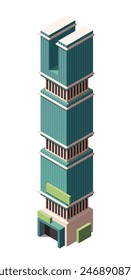 City building isometric icon. Urban real estate, futuristic skyscraper or municipal office in downtown. Architecture of commercial property. Cartoon 3D vector illustration isolated on white background