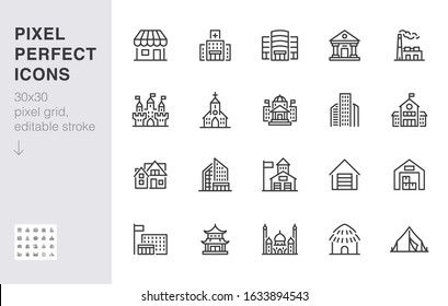 City building line icons set. Hospital, hotel, bank, mall, government hall, castle, police minimal vector illustrations. Simple flat outline sign for web, app. 30x30 Pixel Perfect. Editable Strokes.