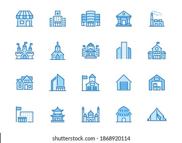 City Building Line Icons Set. Hospital, Hotel, Bank, Mall, Government Hall, Castle, Police Minimal Vector Illustrations. Simple Flat Outline Sign For Web, App. Blue Color, Editable Stroke.