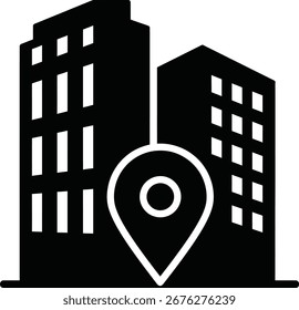 City Building Location Icon Vector, Black Silhouette of Urban Skyscrapers with Map Pin Symbol, Real Estate, Office Building, Apartment, Business Center, Commercial Property, Corporate Tower, Housing