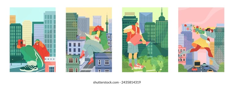 City building. Modern work. Students life. Big woman at street. Giant man watering trees in park. Hipster lifestyle. Day cityscape. Read news. Phone call. Business downtown. Vector cartoon posters set