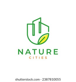city building nature leaves line style colored simple minimalist abstract logo design vector illustration