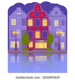 City building night. Holland traditional houses.City town Amsterdam.Vector flat illustration.