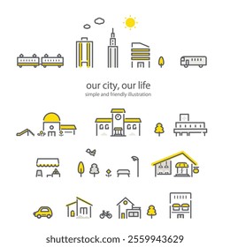 City building set Icon style line drawing illustration set